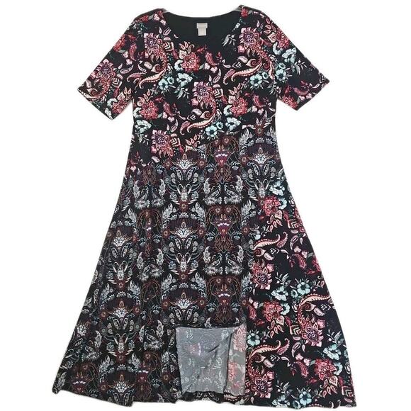 Chico’s ~Woman Size 2 (US 12)~ Black/Red Floral Print Short Sleeve Midi Dress. - Picture 5 of 13